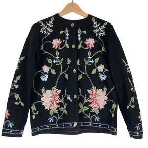 Carroll Reed Wool Cardigan Women S Black Pink Floral Embroidery Pearly Buttons